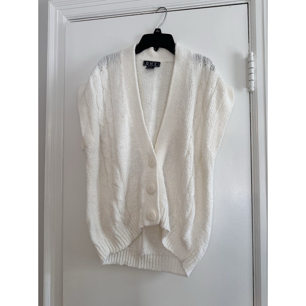 White Women's Sleeveless Cable Knit Cardigan. Chinky. Oversized. Large Buttons.